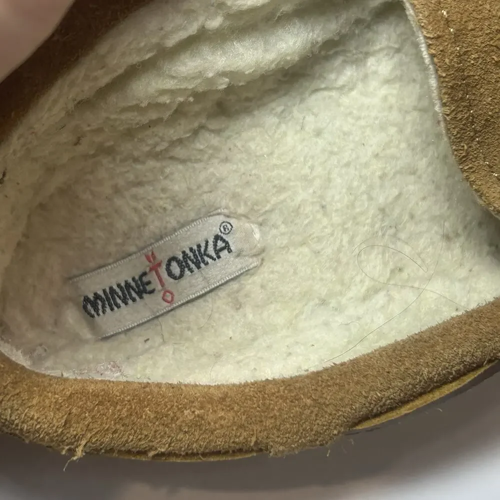 Minnetonka Moccasins Womens 3 Brown Suede Hard Sole Cally Slippers Sherpa Fur